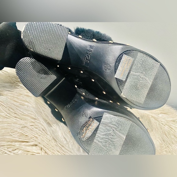 Vintage 90’s Rouge Helium Suede Faux Fur Lined Chunky Heeled Clogs Gold Studs - Picture 5 of 6